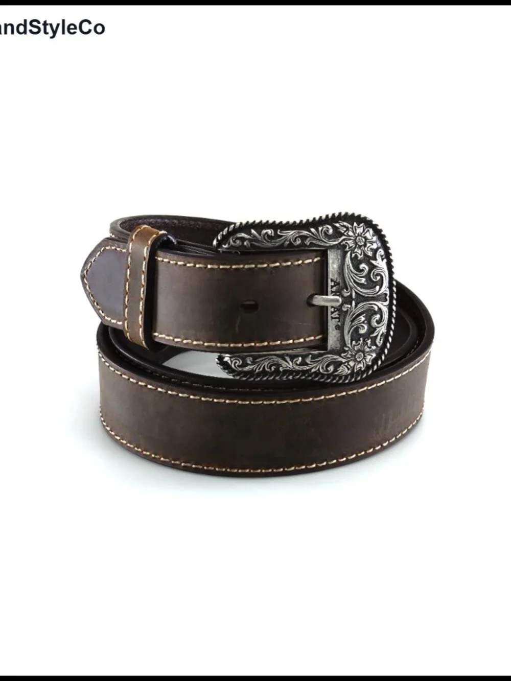 Genuine Leather Western Belt Heavy Stitch Floral Buckle